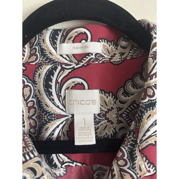 Chicos 1 Medium No Iron Button Up Collared Shirt Paisley Floral‎ Red Tan White - Picture 2 of 4